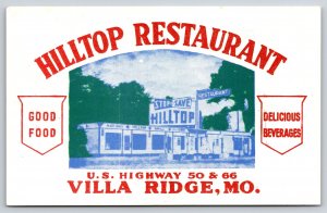 Villa Ridge Missouri~Hilltop Restaurant~Plate Lunch~Gas Station~1950s Postcard