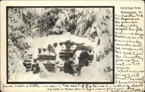 Wilmington Vermont VT Log Cabin in Winter c1910 Vintage Postcard