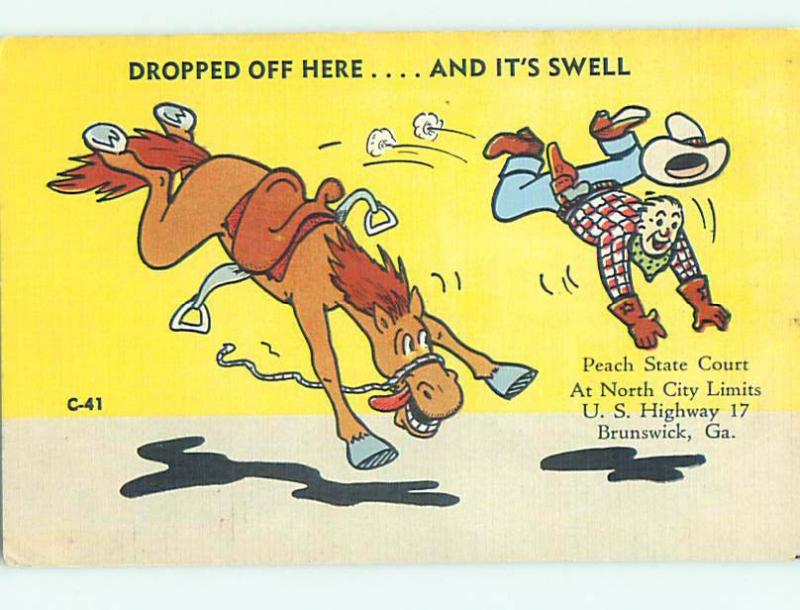 Linen comic western OLD WEST COWBOY TOSSED FROM HIS HORSE HL3362
