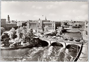 Sweden Stockholm Riksdagshuset & Norrbro Bridge Scenic Postcard 1960s RPPC C11