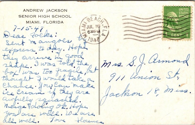 Andrew Jackson Senior High School Miami FL Postcard PC124