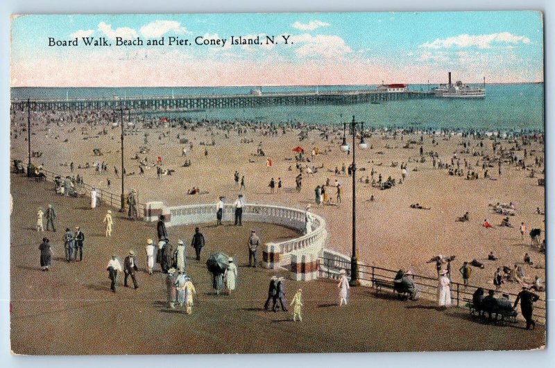 Coney Island New York NY Postcard Board Walk Beach And Pier Scene c1920s Antique