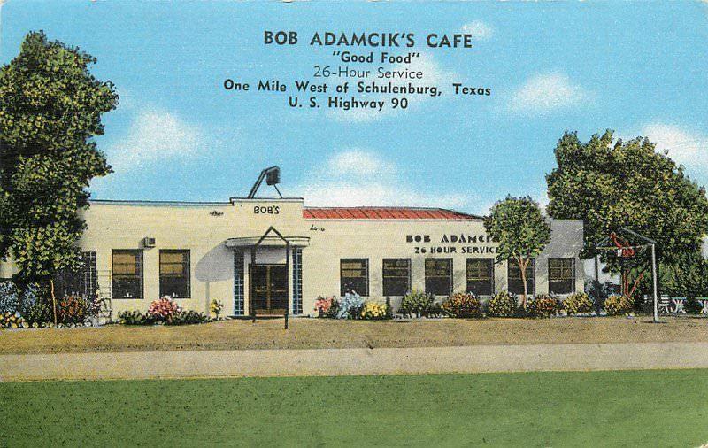 Bob Adamcik's Cafe 1940s Schulenburg Texas roadside Kropp postcard 2787