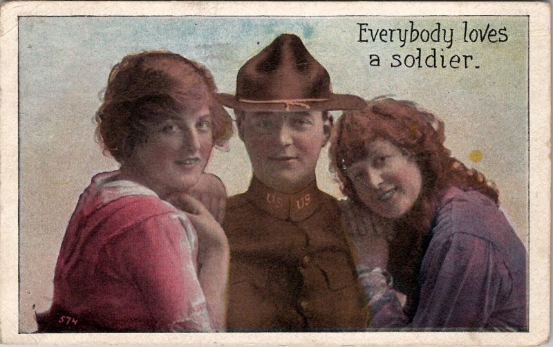 WWI Everybody Loves A Soldier Handsome US Soldier and Two Women Postcard Z2