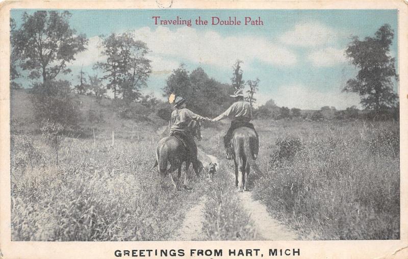 Hart Michigan~Couple Riding Horseback Traveling Double Path~Dog~1920 Postcard