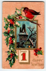 New Years Day Postcard Holiday Greetings Song Bird Holly Branches Church Vintage