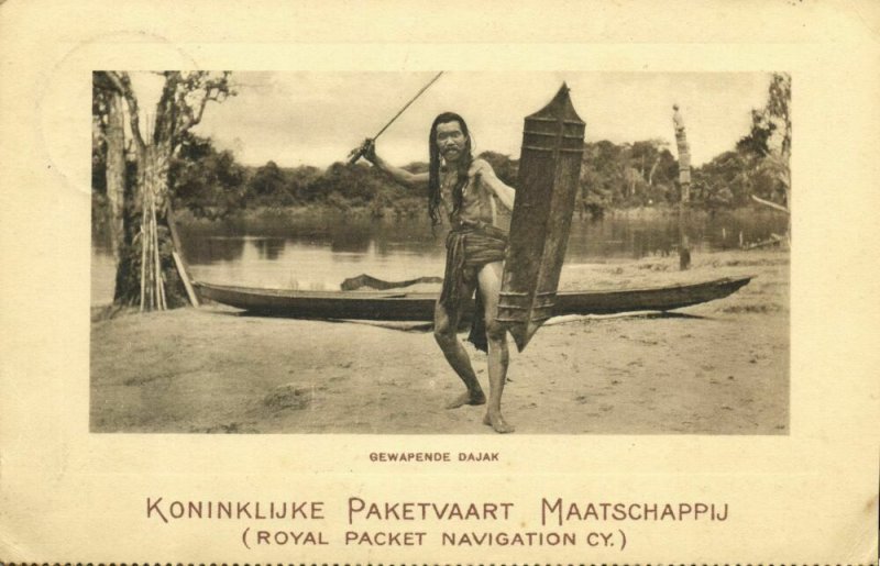 indonesia, BORNEO KALIMANTAN, Armed Dayak Warrior Shield (1916) KPM Postcard (2)