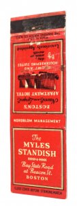 The Myles Standish Boston 20 Front Strike Matchbook Cover