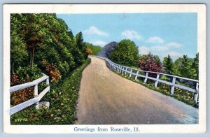 1938 GREETINGS FROM ROSEVILLE ILLINOIS SCENIC VINTAGE POSTCARD