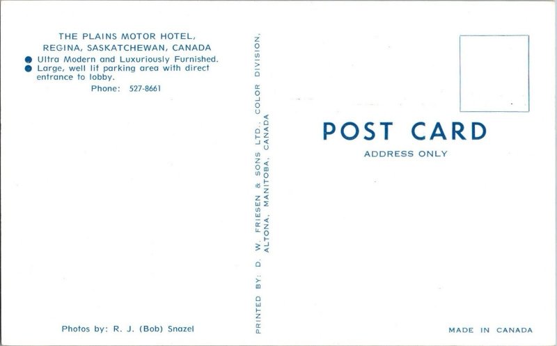 Postcard Plains Motor Hotel REGINA, SASKATCHEWAN, CANADA Ki1
