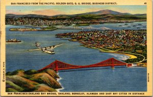 Vtg 1930s Airplane Over Golden Gate Bridge San Francisco California CA Postcard