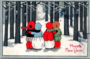 New Year Postcard Children Standing in Snowy Forest Looking at Town Church Clock 