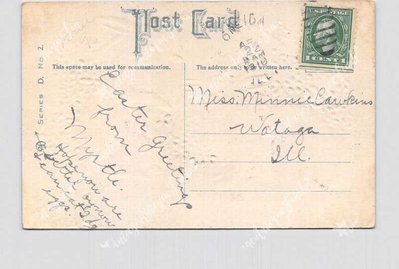 PPC POSTCARD EASTER BUNNY RABBITS FLOWERS FENCE EMBOSSED GOLD BACKGROUND #1