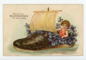 1907-15 Ferxlichen Gluckwunsch Zum Geburtstage Postcard Shoe Sailboat Birthday