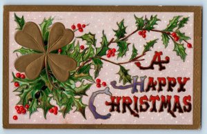Christmas Postcard Shamrock Holly Berries Winsch Back Embossed Mechanicsville NY