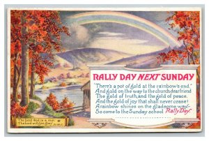 Vintage 1920's Rally Day Postcard Beautiful Rainbow Church Country River NICE