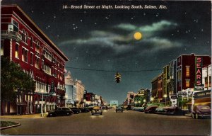 Linen Postcard Broad Street at Night, Looking South in Selma, Alabama