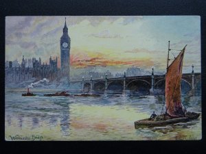 London WESTMINSTER BRIDGE Thames Barge c1906 Postcard by Artist Arthur C. Payne