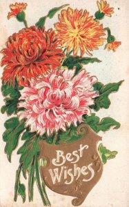 Vintage Postcard Best Wishes Aster Colorful Bunch Of Flowers Large Print