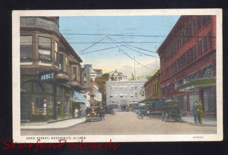 KETCHIKAN ALASKA DOWNTOWN STREET SCENE CORNER DRUG STORE VINTAGE POSTCARD