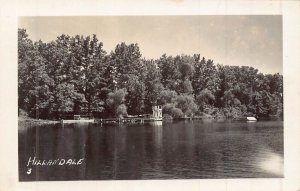 LAKE WITH DIVING PLATFORM IDENTIFIED AS HILLANDALE~1940s REAL PHOTO POSTCARD