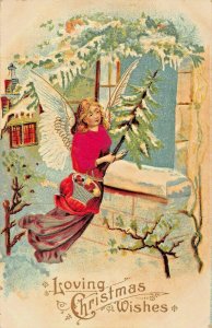 LOVING CHRISTMAS WISHES-ANGEL FELT BLOUSE~POSTCARD 1907 MORGANTON NC PSTMK