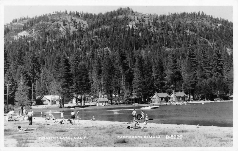 RPPC, Donner Lake, California CA  CABINS~FAMILIES SWIMMING 1955 Eastman Postcard