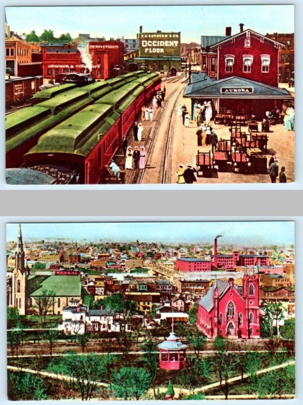 2 Repro Postcards AURORA, Illinois IL~ C.B. & Q. DEPOT & Birdseye AURORA SAVINGS