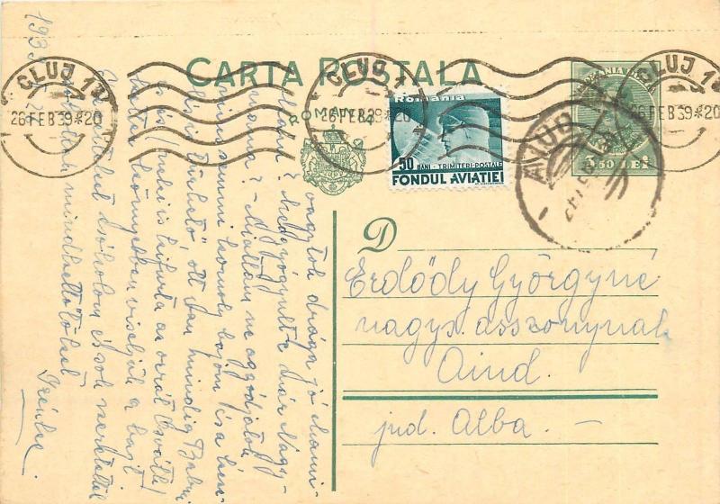 Cluj to Aiud Alba Transylvania Romania 1939 postal stationery Carol II 3.50 Lei