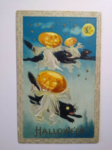 Halloween Postcard Barton Spooner Flying Goblins Black Cats Moon Embossed 1911 