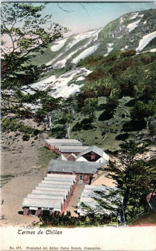 TERMES de CHILLAN,  CHILE    View of CABINS, SNOW COVERED MTNS  c1900s  Postcard