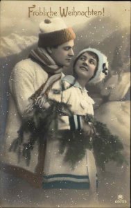 Christmas Romance Beautiful Woman Hadsome Man Tinted Real Photo Postcard