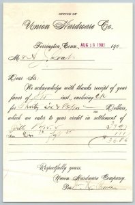 1902  Union Hardware Co.  Torrington  Connecticut  Receipt   8 x 5