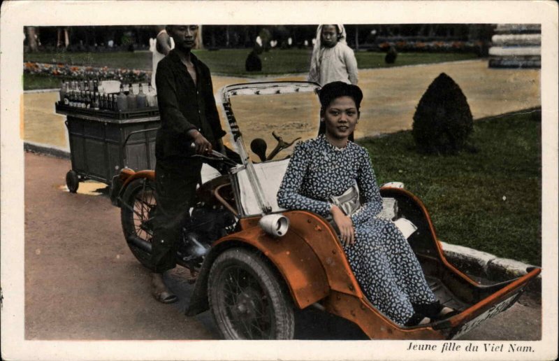 Saigon Vietnam Motorcycle Transport Beautiful Woman c1930 Real Photo Postcard