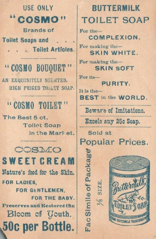 1880s-90s Buttermilk Toilet Soap For Complexion Cosmo Skin White Trade Card