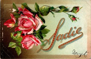 Name Card Sadie With Red Roses 1908 Tucks
