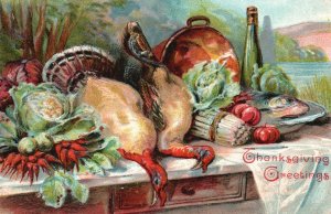 Thanksgiving Greetings, Turkeys, Vegetables, Fish on Table, Vintage Postcard