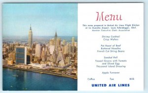 UNITED AIR LINES MENU Advertising MANHATTAN SKYLINE Chef Scheideger Postcard