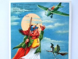 Easter Witch Postcard Fantasy Glad Pask Riding Broom Airplane Full Moon Sweden