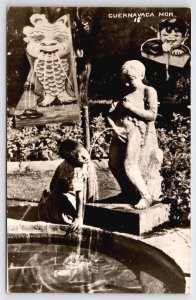 Cuernavaca Morelos Child At Fountain c1940 Real Photo Postcard C39