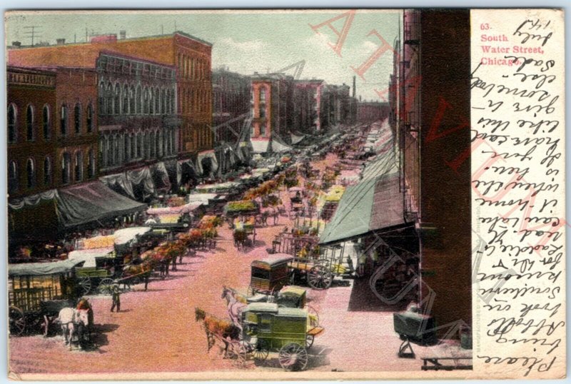 c1910s Chicago, IL Water Street Birdseye Downtown Market Cunningham Anamosa A157