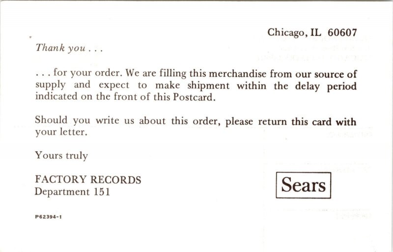 Sears Roebuck Catalog Order Receipt 1980 Chicago Illinois POSTCARD