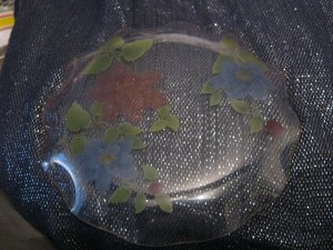 Very pretty decorative glass plate with floral design & scalloped edge 8ins wide