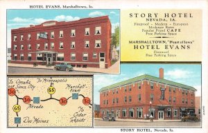 IA, Iowa  STORY HOTEL~Nevada & HOTEL EVANS~Marshalltown  OE Weeden  Postcard