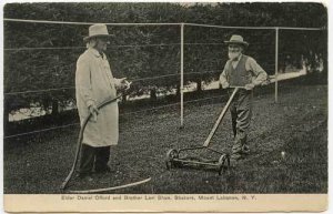 Mt Lebanon NY Shaker Village Elder & Brother Mowing Grass Postcard