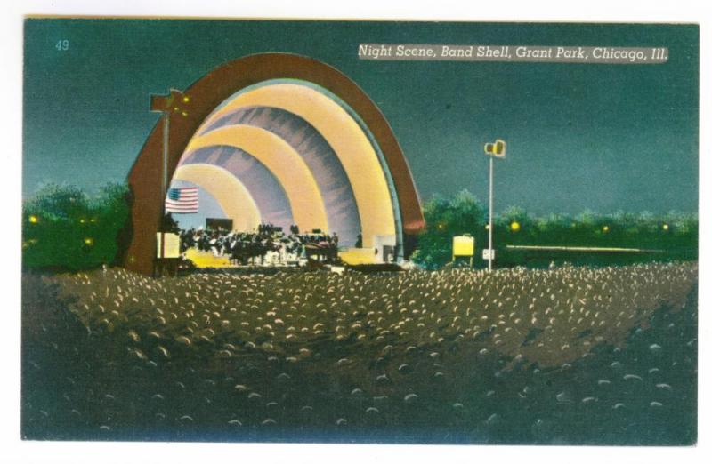 Night Scene, Band Shell, Grant Park, Chicago, Illinois unused Linen Postcard