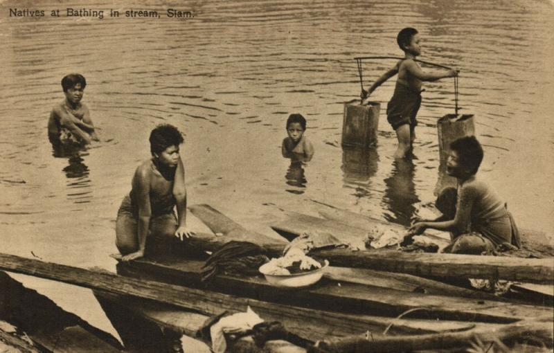 siam thailand Native Women Bathing in Stream 1910s Postcard