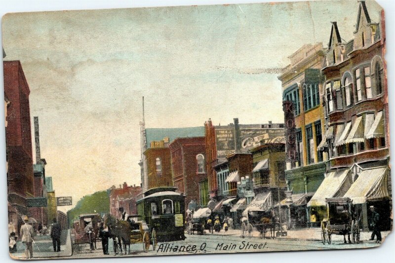 postcard Alliance, Ohio - Main STreet - trolley, horse buggy, Koch, E.J. Morris