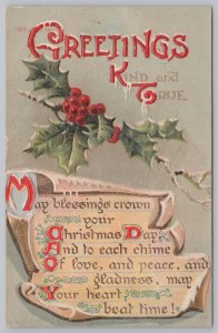 Holiday~Greetings Kind & True~Holly Berries & Scroll~Unposted Vintage Postcard