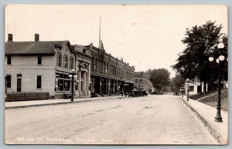 Preston Minnesota~Main Street~Laundry~Barber Shop~Bathroom~Bank~1920s Cars~RPPC 